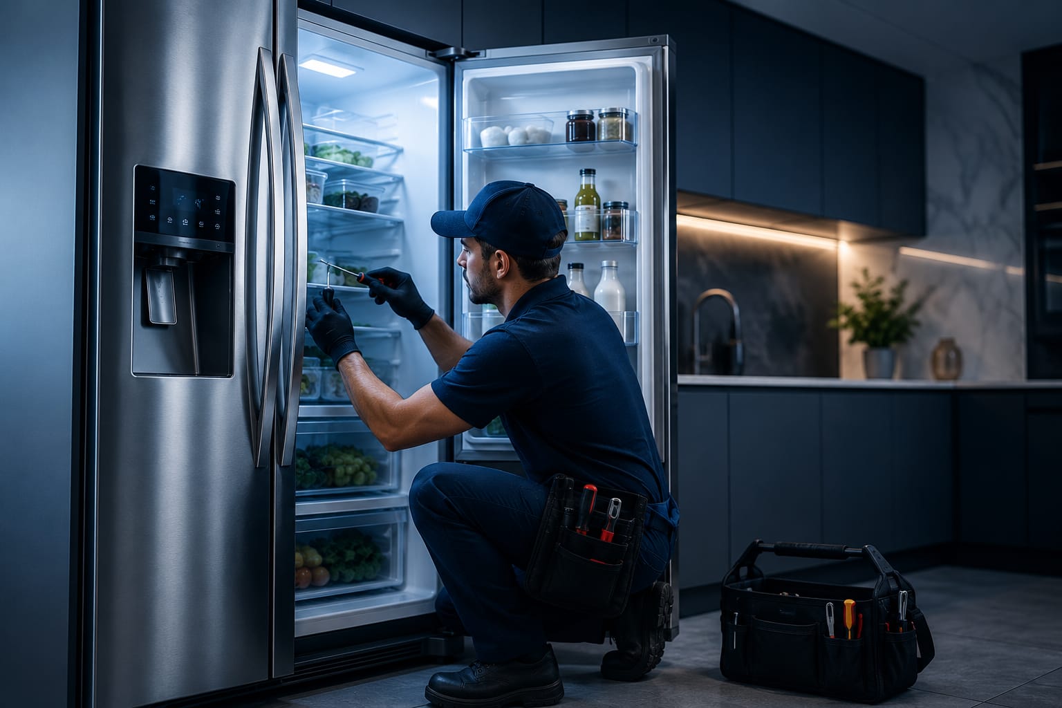 Técnico realizando manutenção em geladeira